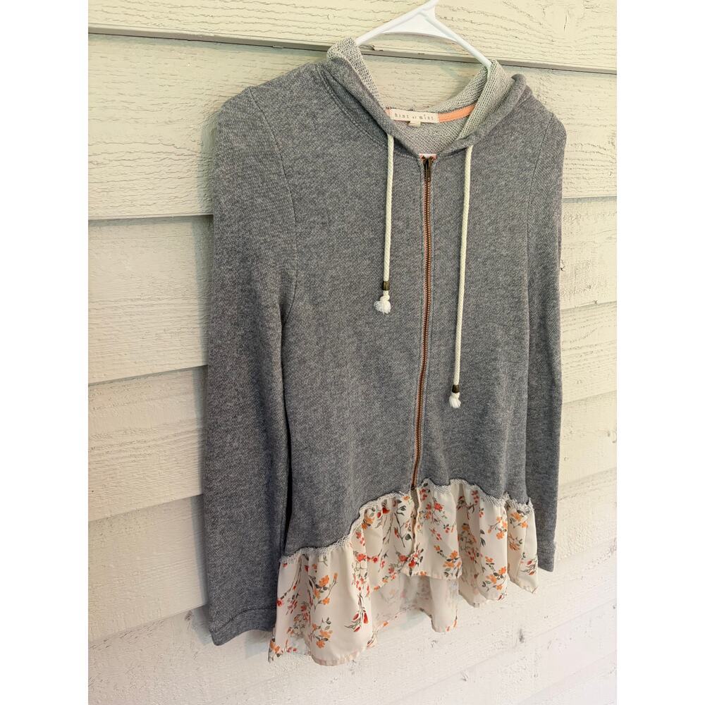 Hint of Mint Gray Floral Ruffle Hem Zip Hoodie Women’s Size Small Lightweight - Picture 3 of 8